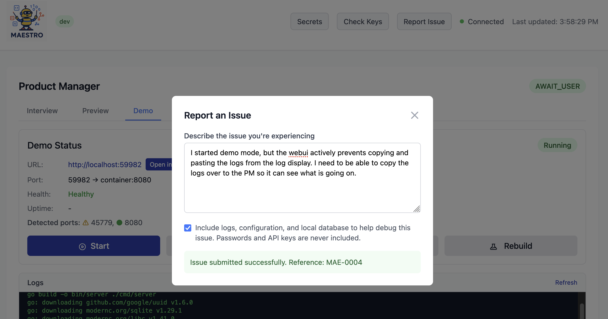 The Report Issue dialog in Maestro